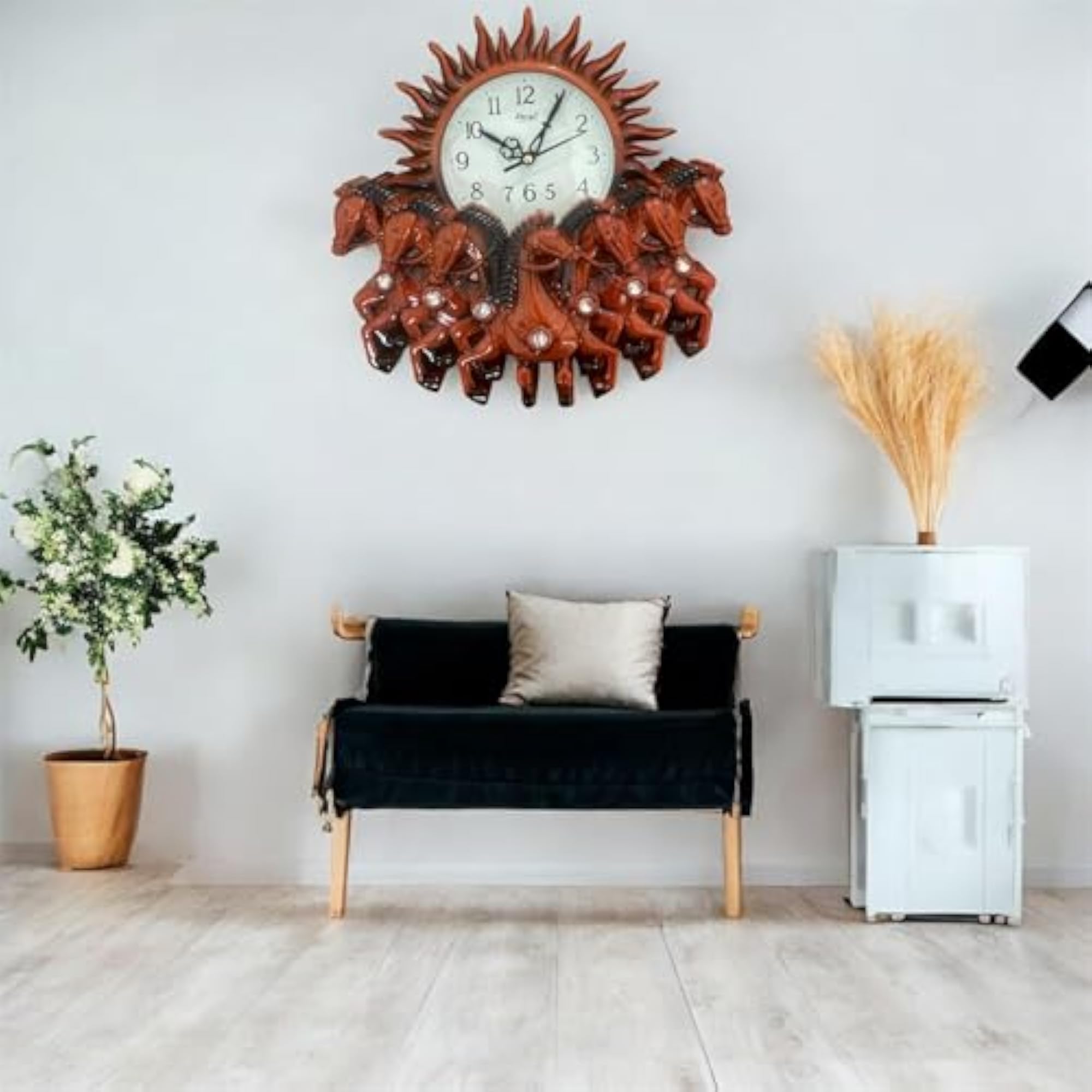 Decorative Horse Wall Clock with Sun Design, Orange Resin Frame